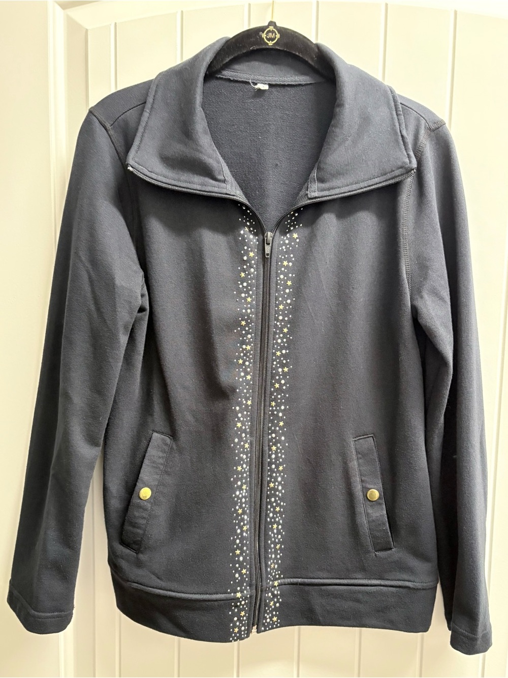 Women’s Black Zip-Front Utility Jacket with Star Stud Trim